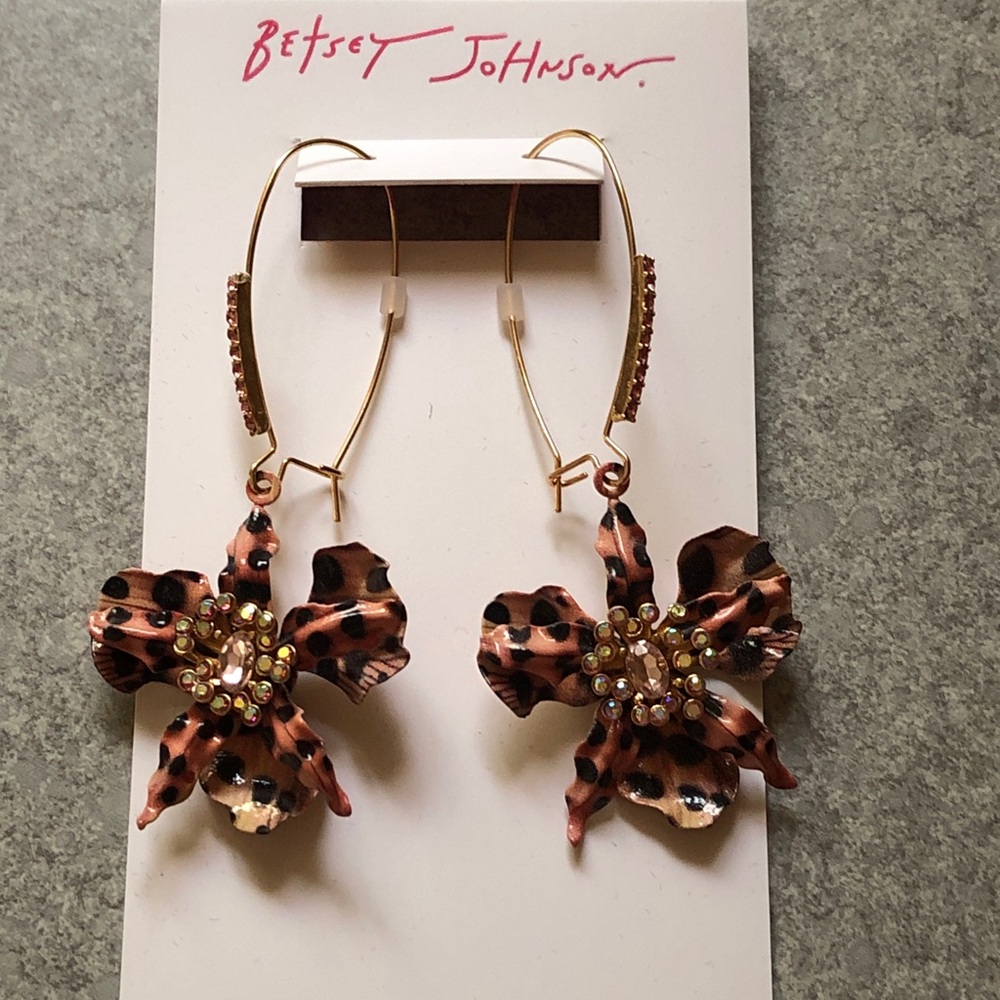 Betsey Johnson Gold Tone & Multicolored Leopard Print Orchid Drop Earrings NWT